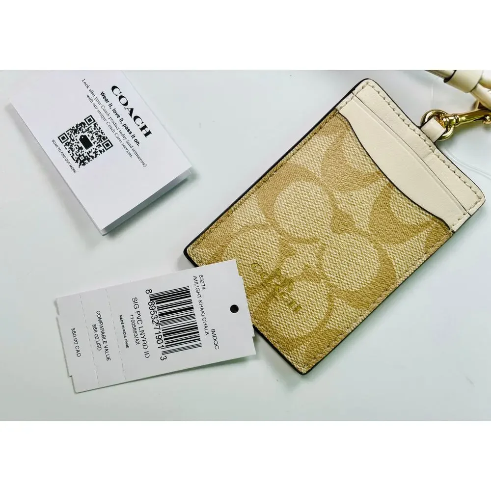 Coach Lanyard Signature Logo ID Holder NWT Coated Canvas with Leather Details